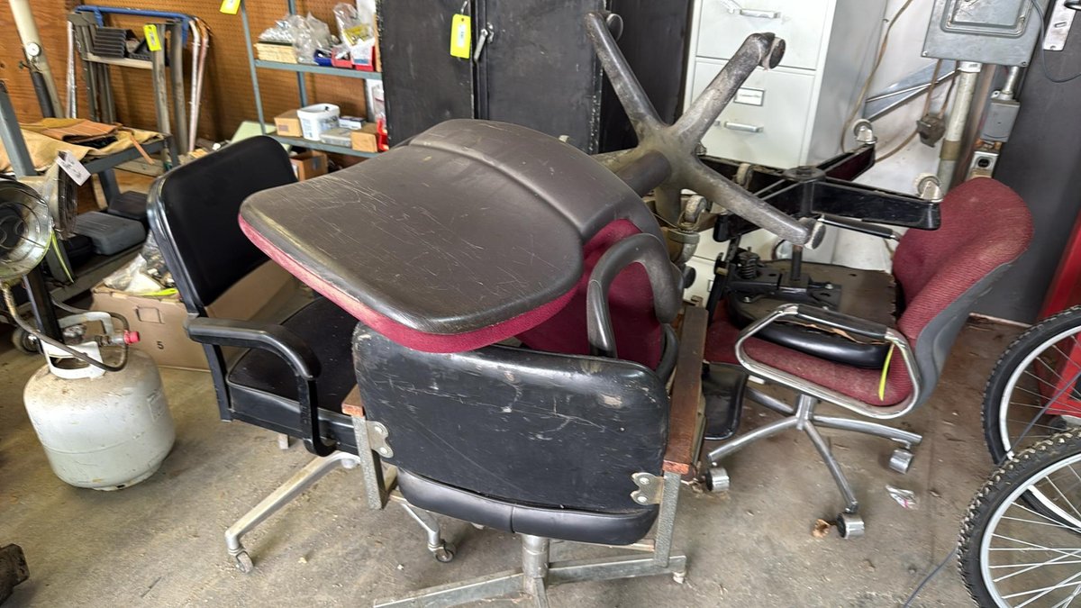 Mixed Lot Vintage Office Task and Guest Chairs, Black Vinyl & Maroon Fabric, Metal Frame/Arms
