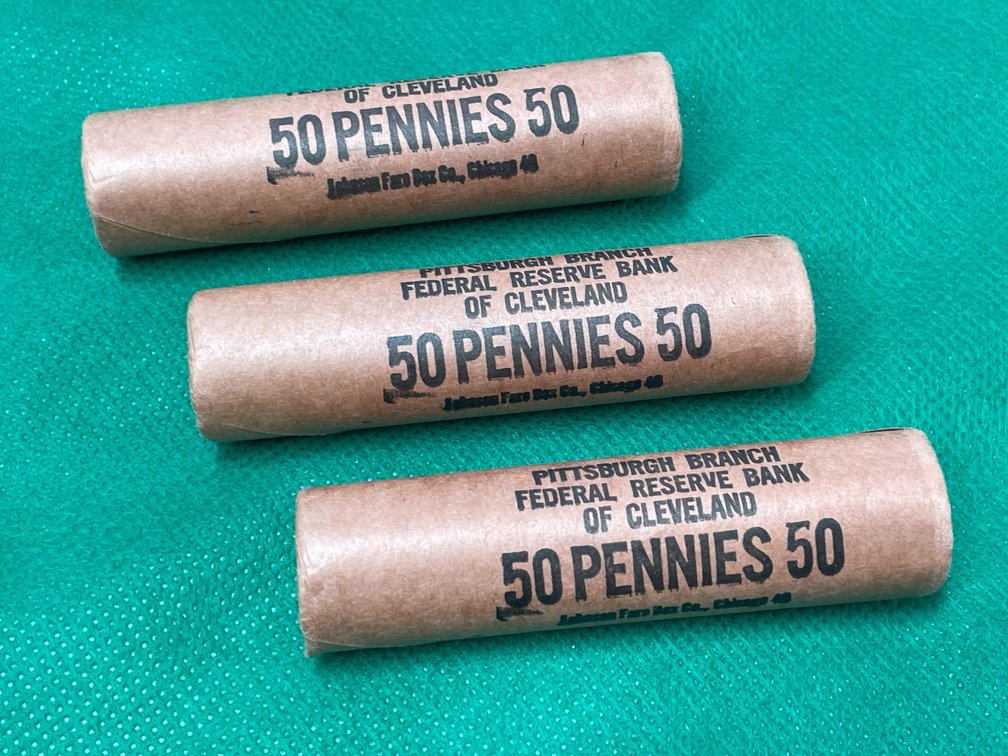 1960 BU Lincoln Cents (3 Rolls) in Federal Reserve Bank of Cleveland wrappers