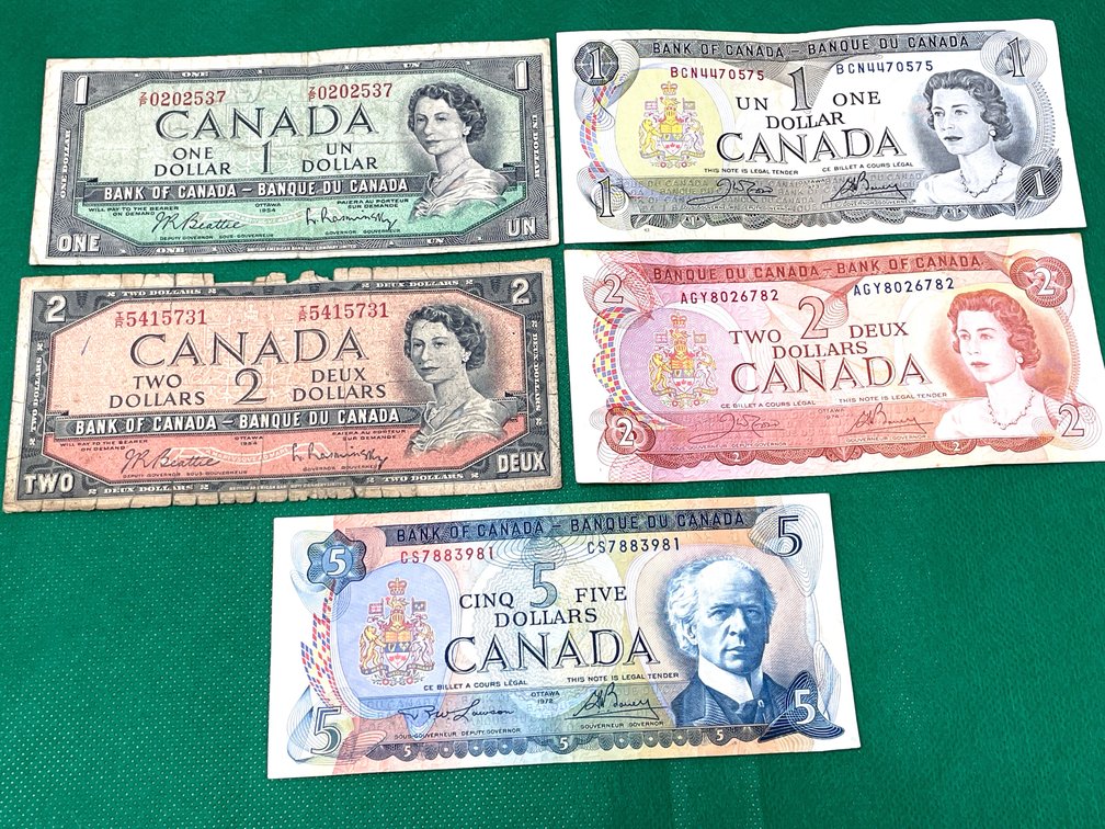 1954-1974 Bank of Canada Banknotes Lot of 5