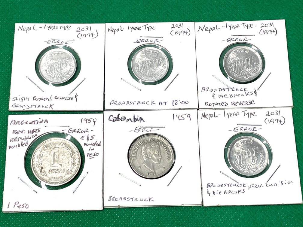 Lot of 6 World Error Coins 1959-1974 Nepal Argentina Colombia