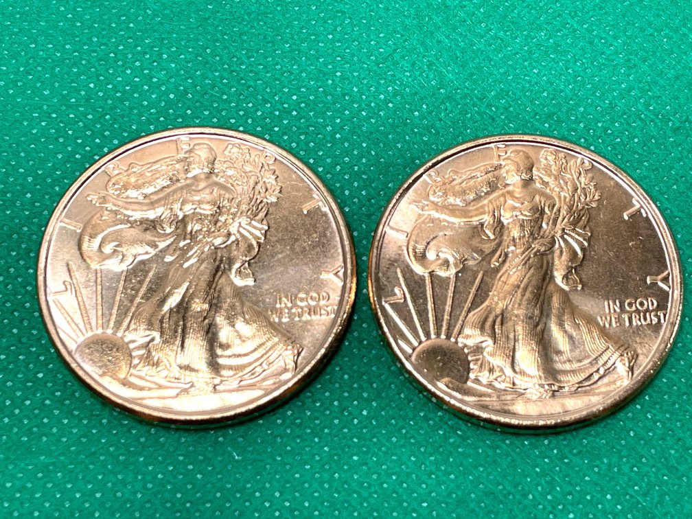 Two 1 oz .999 Fine Copper Walking Liberty Rounds