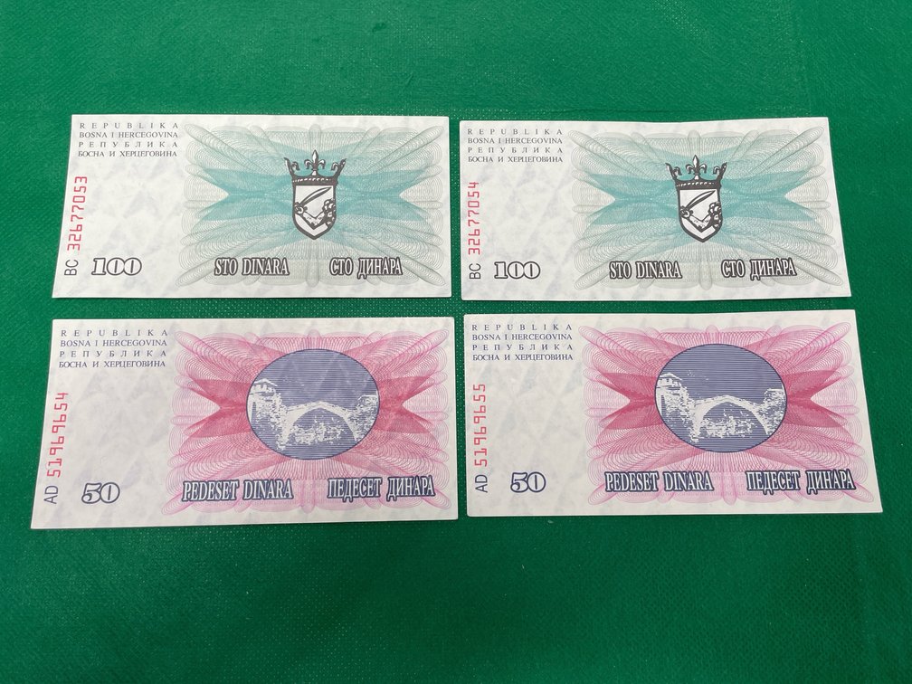 1992 Bosnia and Herzegovina 50 & 100 Dinara Banknotes