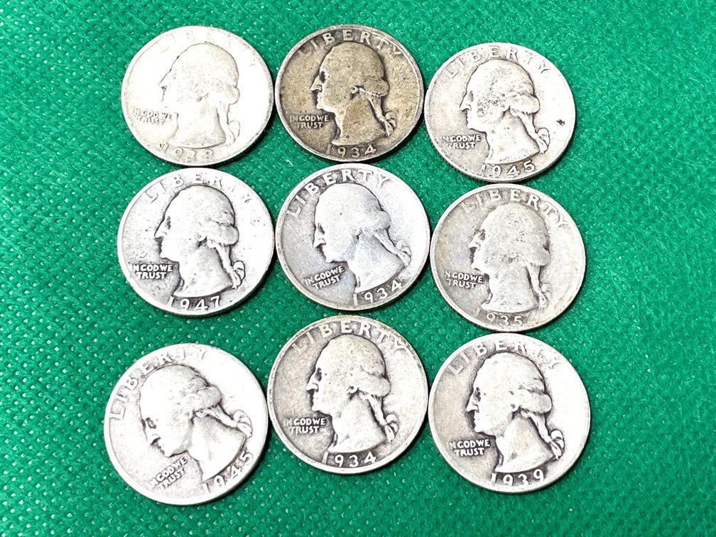 Nine Silver Washington Quarters 1934-1947