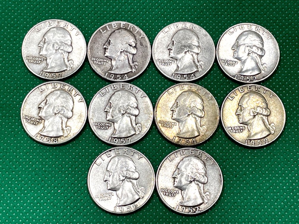 Lot of 10 1952-1959 Silver Washington Quarters