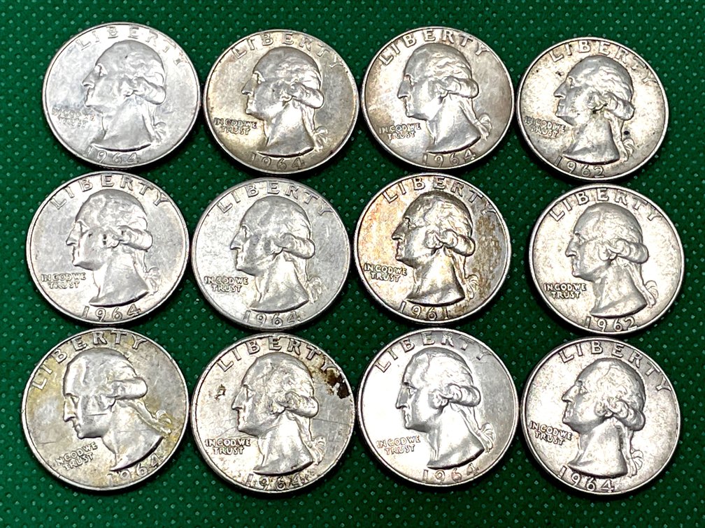 12 Silver 1961-1964 US Washington Quarters