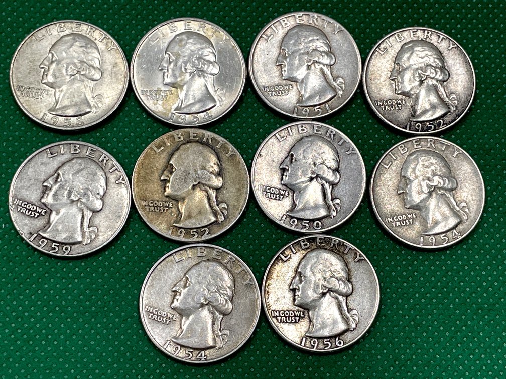 1950-1959 Silver Washington Quarters Lot of 10