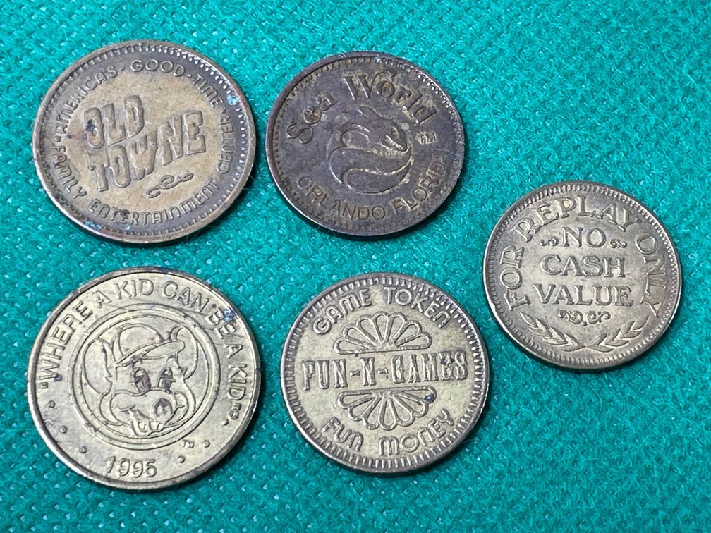 5 Assorted Vintage Amusement & Arcade Tokens