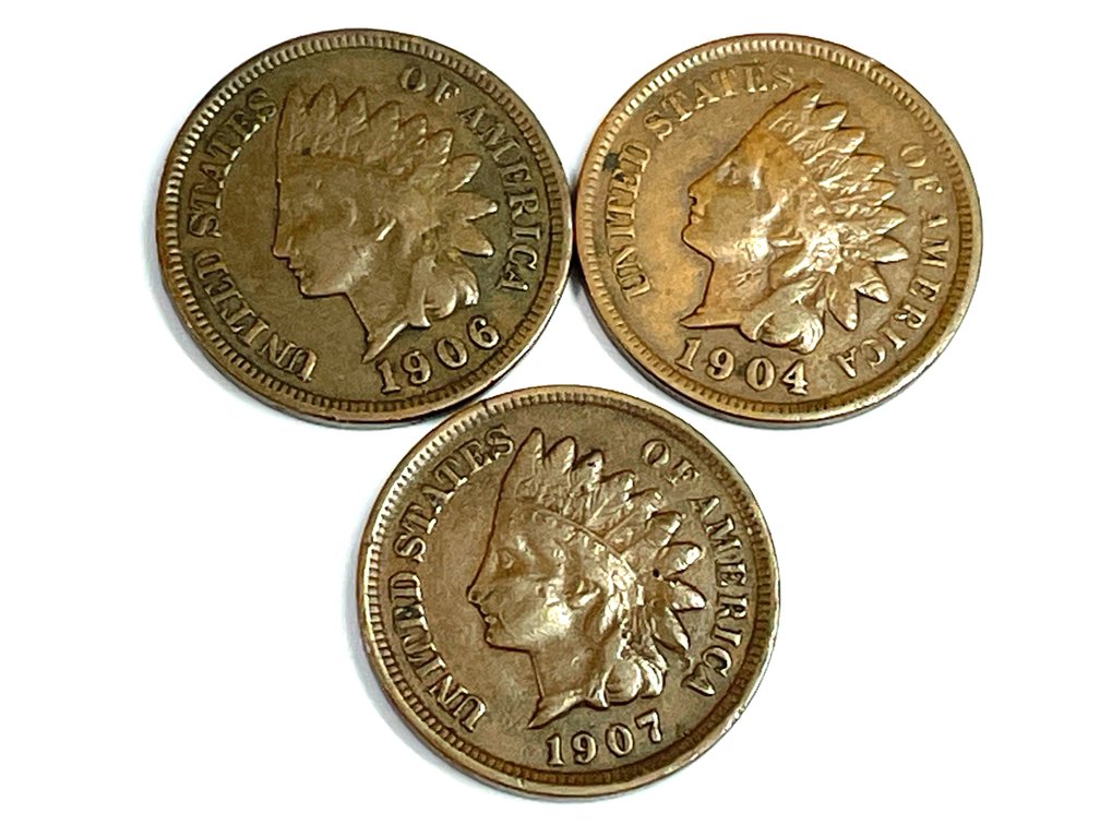 1904, 1906, 1907 Indian Head Cents - All F Condition