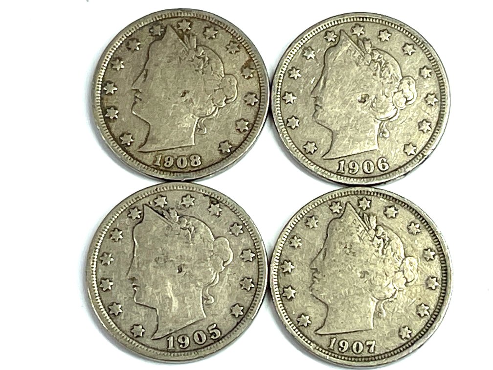 1905, 1906, 1907, 1908 Liberty Head V-Nickels - All VG-F