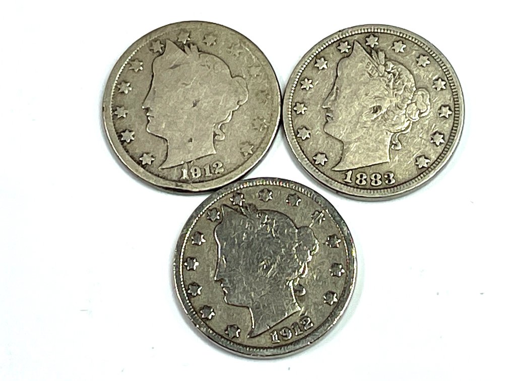 1883 (No Cents), 1912 and 1912-D Liberty Head V Nickels - 3 Coins