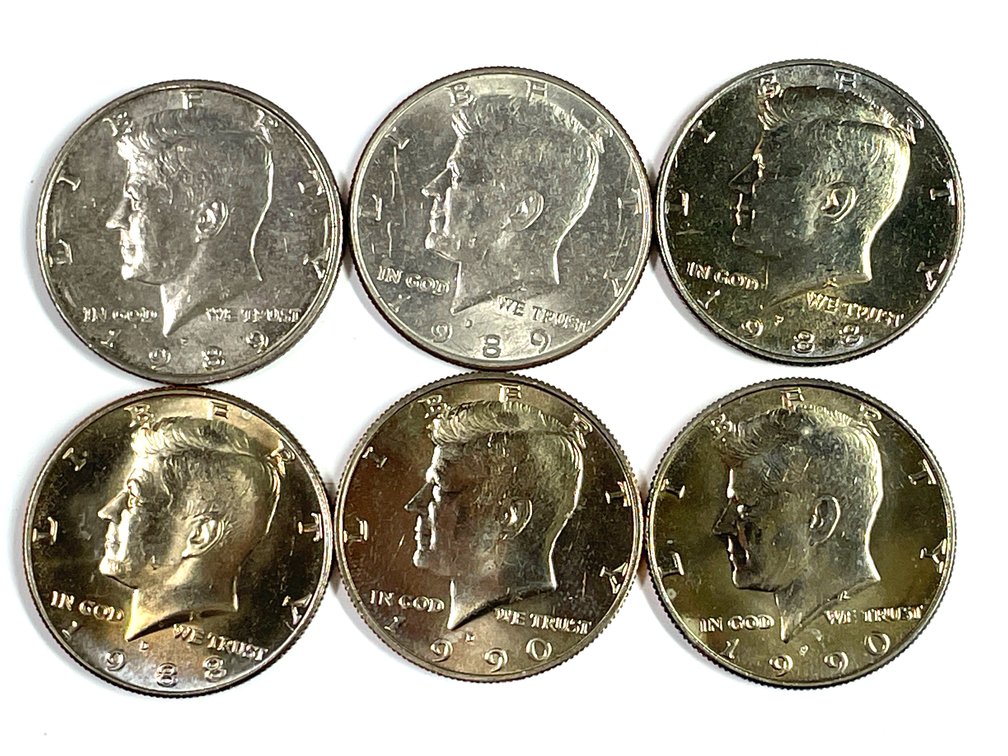 Six BU 1988-1990 P&D Kennedy Half Dollars