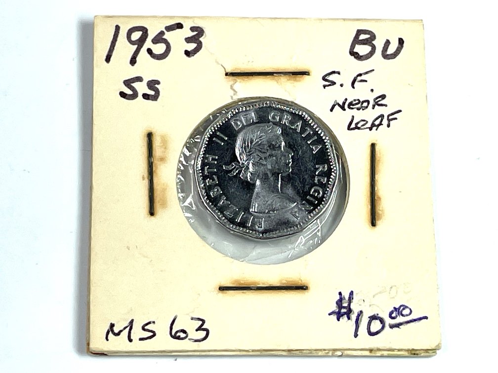 1953 Canada 5 Cents Shoulder Fold Near Leaf