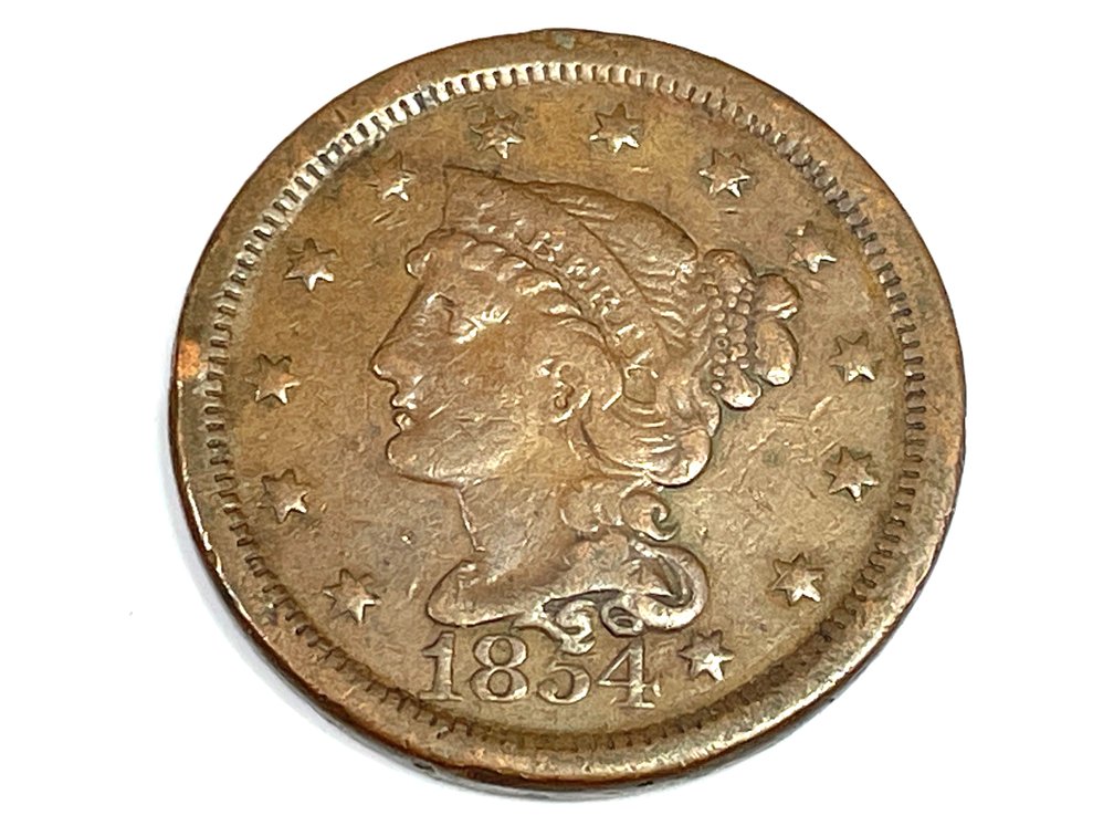 1854 Braided Hair Large Cent - VG+