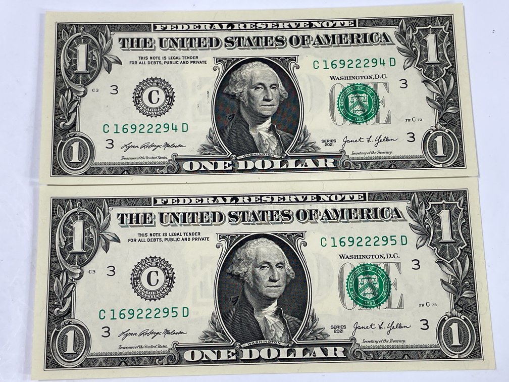 Two 2021 Sequential $1 Janet Yellen Federal Reserve Notes - Choice Crisp UNC