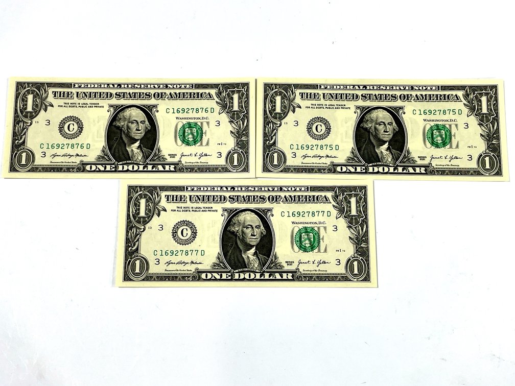 2021 $1 Federal Reserve Janet Yellen Notes - 3 Consecutive