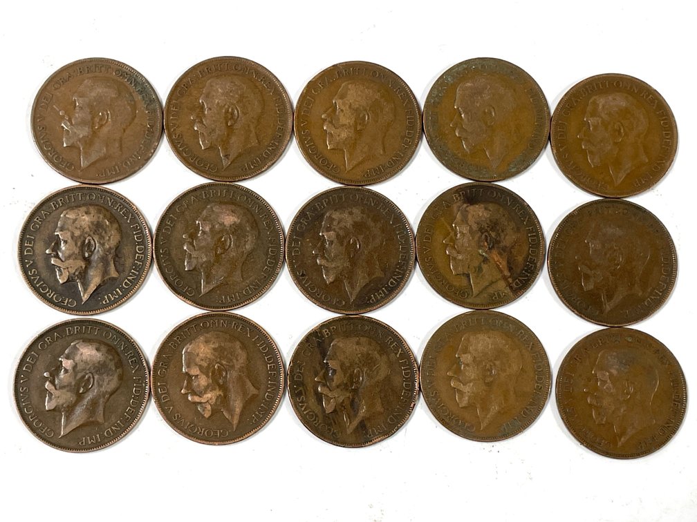 1922-1927 British George V Bronze One Penny Lot of 15