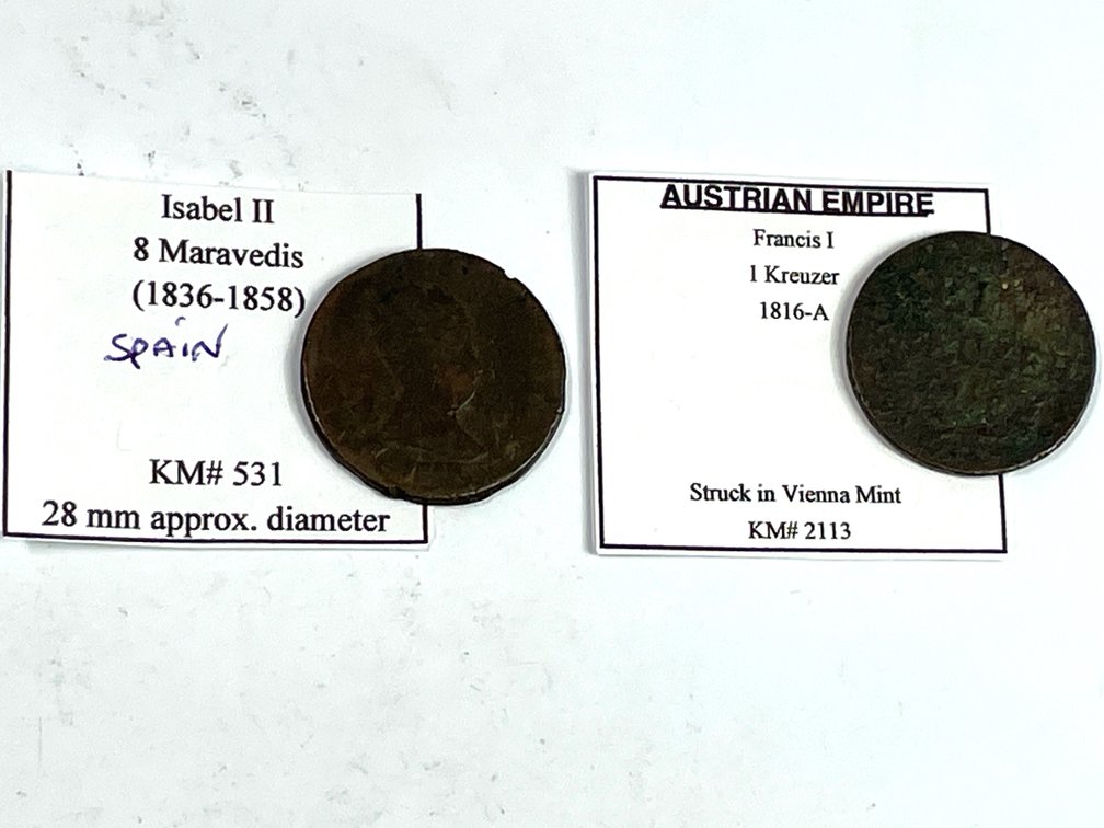1816-A Austria 1 Kreuzer & 1836-1858 Spain 8 Maravedis