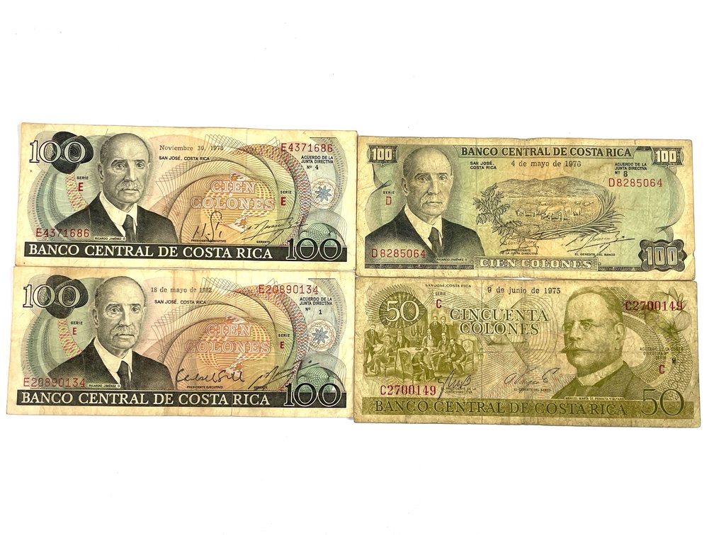 1975-1982 Costa Rica 50 & 100 Colones Banknotes (4)
