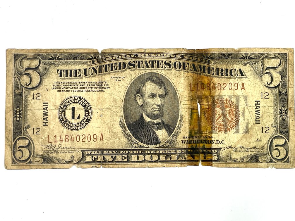 1934 $5 World War II Hawaii Overprint Silver Certificate