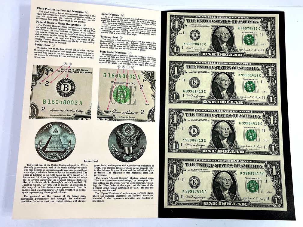 1988A $1 Uncut Sheet of 4 Notes BEP Folder