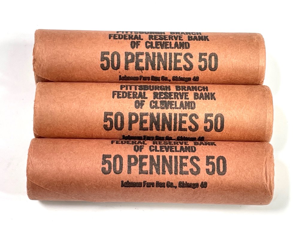 Three BU Rolls of 1961 Lincoln Cents in Original Federal Reserve Bank Wrappers