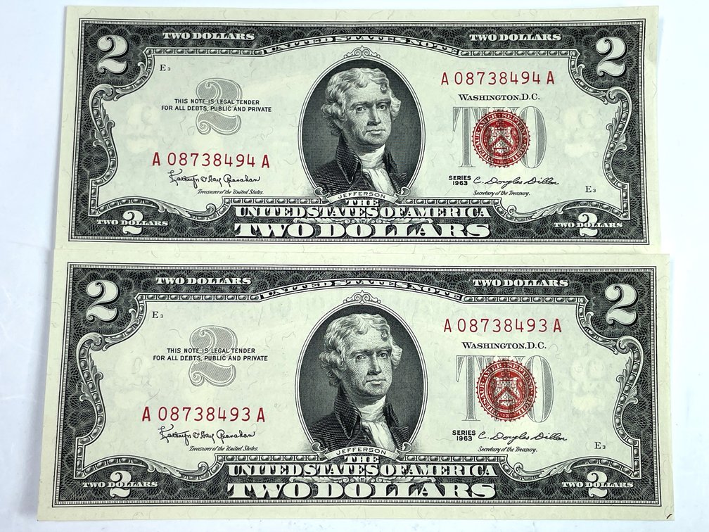 1963 $2 Red Seal United States Notes Consecutive Pair - Crisp UNC MS 67