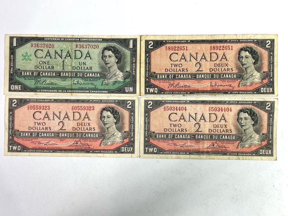 1954 & 1967 Canadian $1 and $2 Banknotes