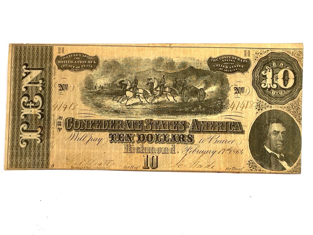 1864 Confederate States of America $10 Banknote - Crisp XF-AU