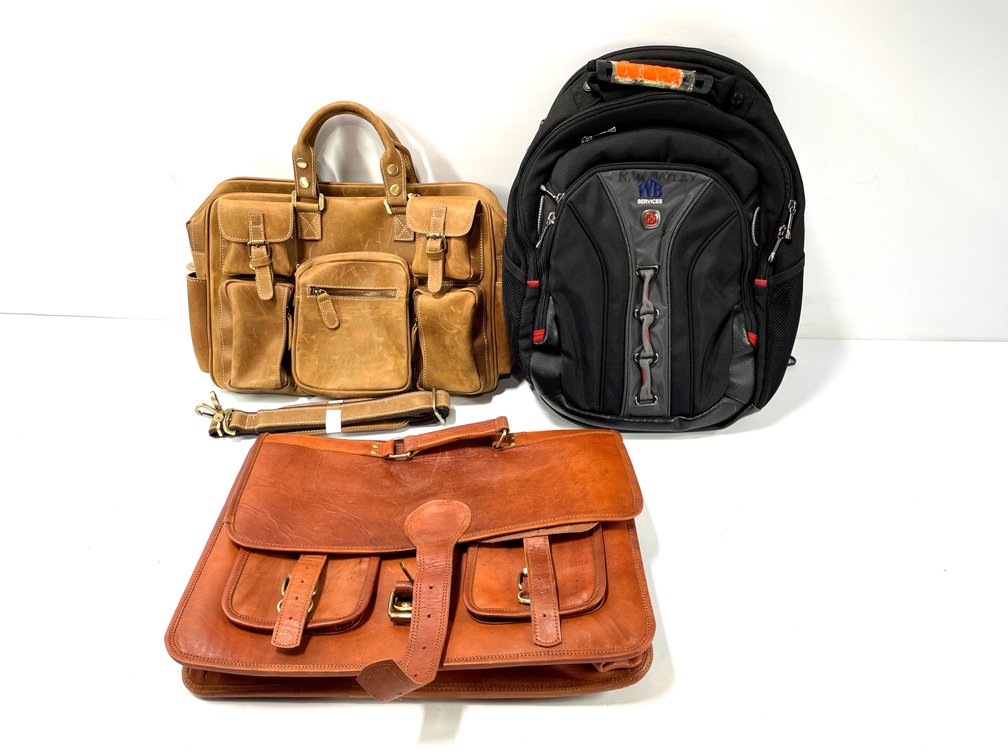 Three-Piece Bag Lot: Wenger Backpack & Leather Briefcases