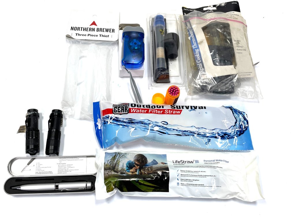 Mixed Survival Gear Lot with LifeStraw, Tactical Pen & Flashlights