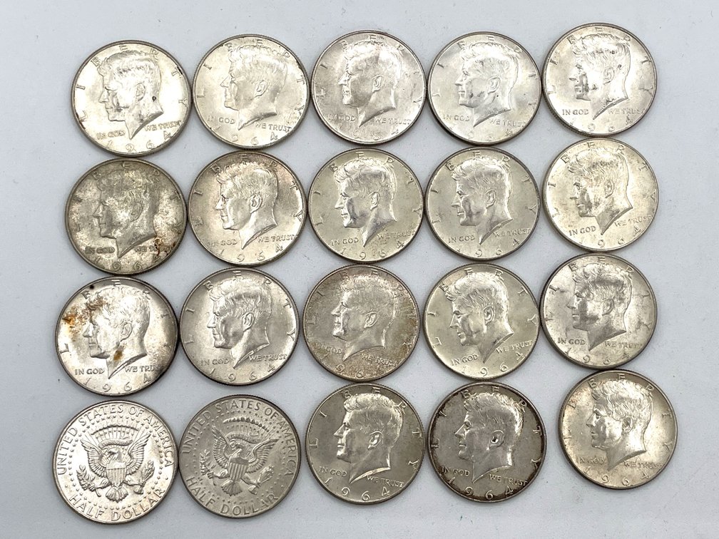 Roll of 20 1964 90% Silver Kennedy Half Dollars
