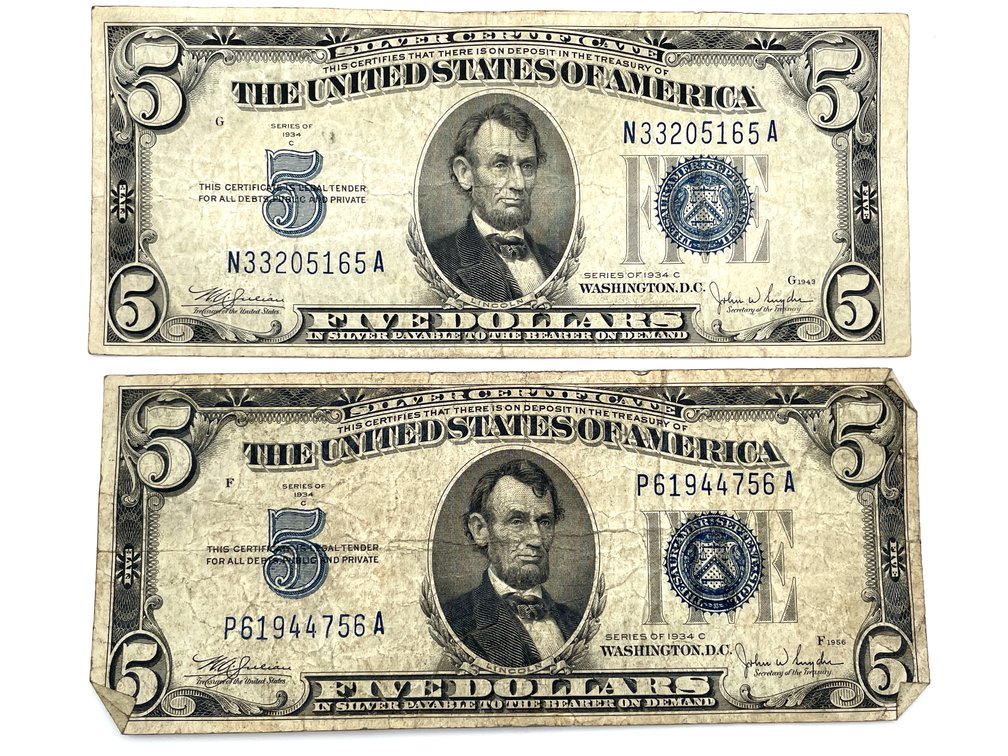 Two Series 1934-C US Small-size $5 Silver Certificates
