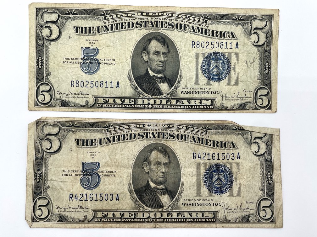 Two Series 1934-D US Small-size $5 Silver Certificates