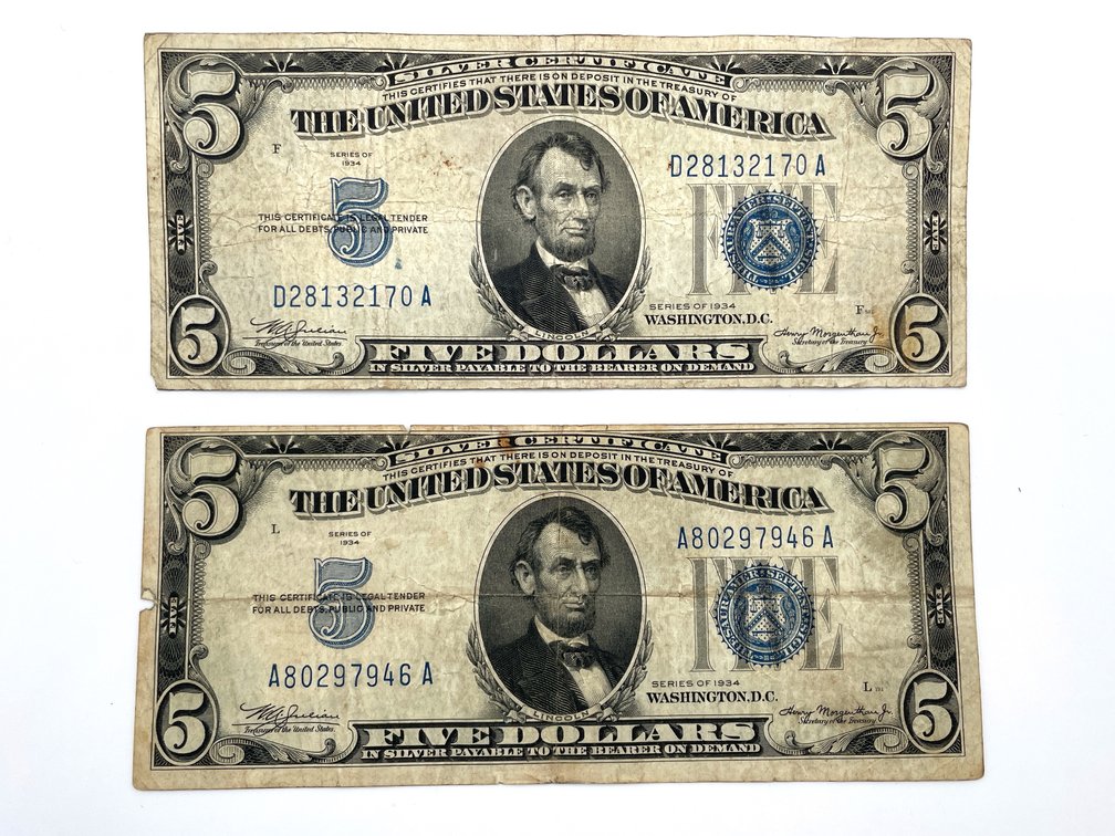 Two Series 1934 US Small-size $5 Silver Certificates
