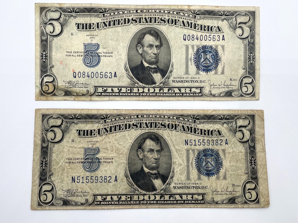 Two Series 1934-C US Small-size $5 Silver Certificates