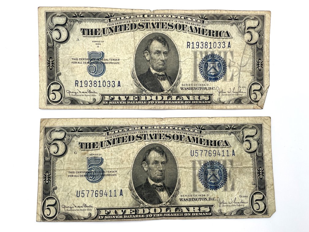 Two Series 1934-D US Small-size $5 Silver Certificates