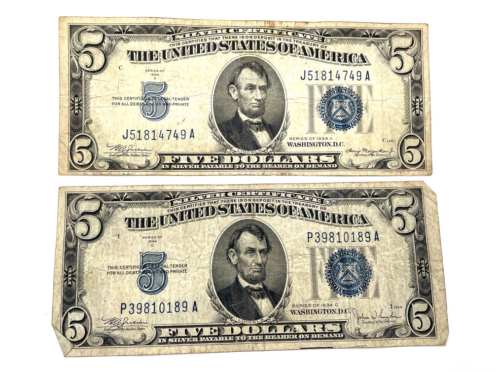 Series 1934-A and 1934-C US Small-size $5 Silver Certificates