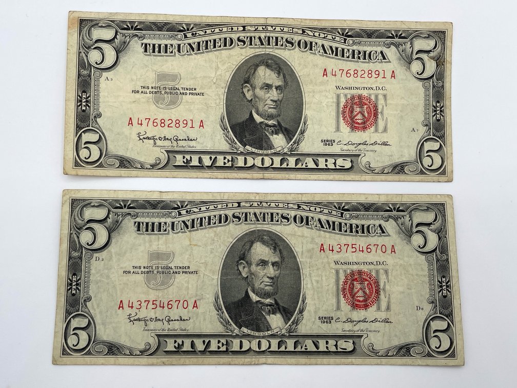 Two Series 1963 Small-size Red Seal $5 United States Notes