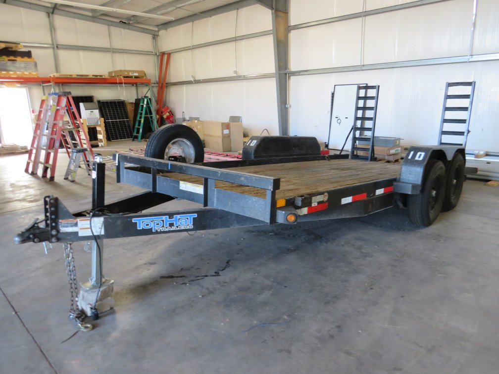 2020 Top Hat 16' tandem axle equipment trailer with fold down ramps, spare tire, 2 5/16" ball coupler VIN 4R7BU1628LN199126,