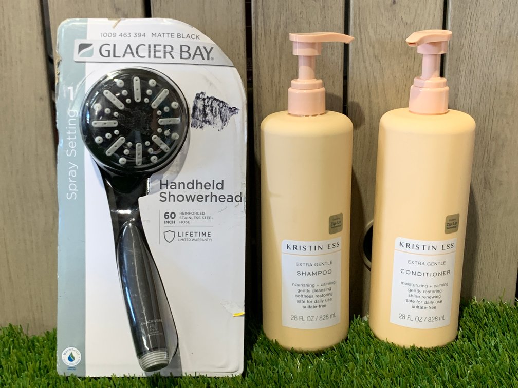 Glacier Bay Handheld Showerhead with Stainless Steel Hose & Kristin Ess Extra Gentle Shampoo and Conditioner 