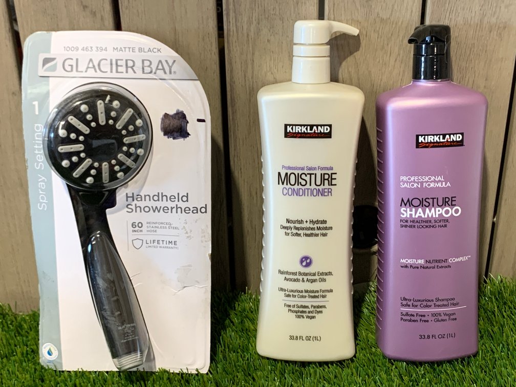 Glacier Bay Handheld Showerhead with Stainless Steel Hose & Kirkland Signature Professional Salon Formula Shampoo and Conditioner 