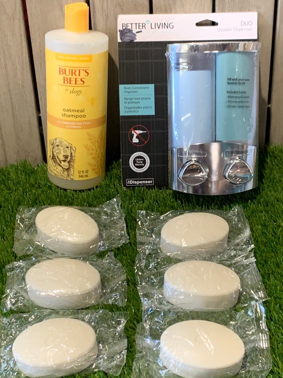 Dog/Human Shower Set includes Burts Bees shampoo , soap bars , Duo Shower dispenser 