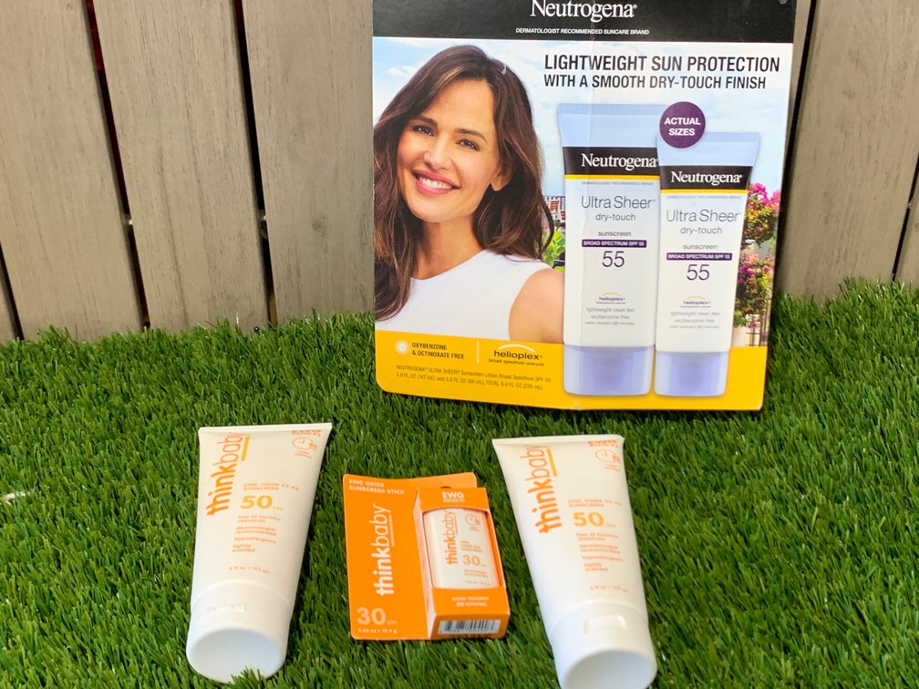 5 piece Sunscreen Lot includes  Neutrogena Ultra Sheer Dry Touch Sunscreens & Thinkbaby Zinc Oxide Sunscreen 