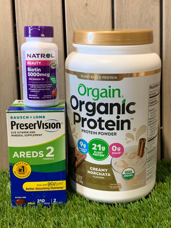 Orgain Organic Protein Powder & Preser Vision Eye vitamin and mineral supplement & Natrol Beauty Biotin Tablets 