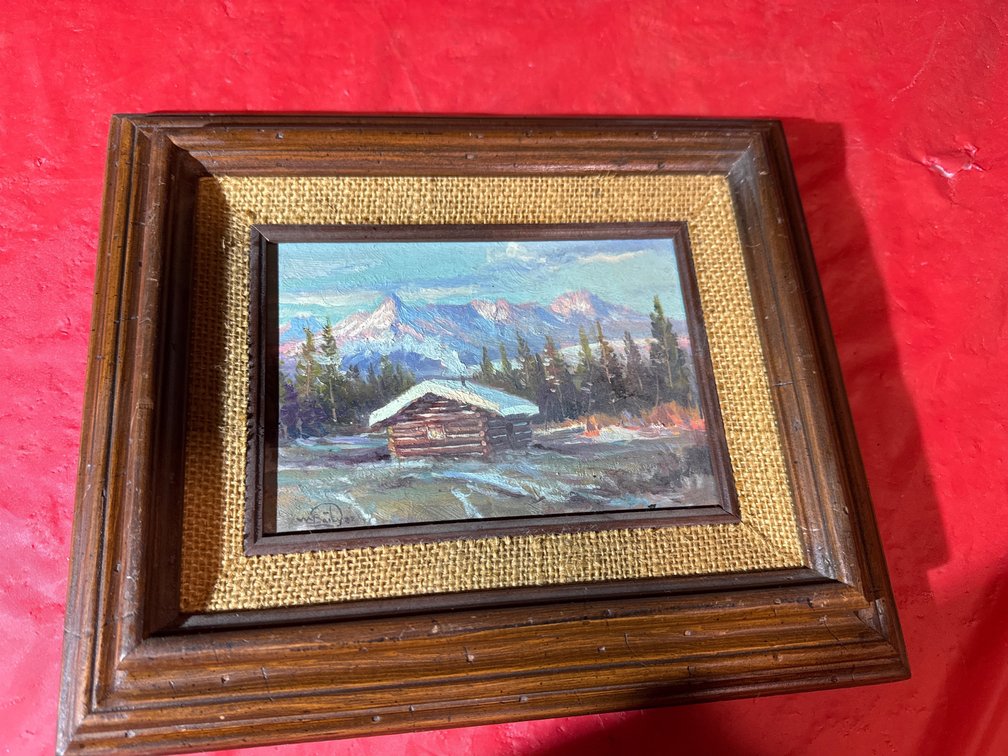 Oil Painting Of Snowy Mountain Cabin