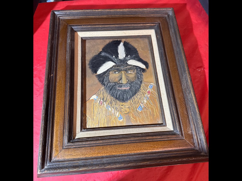 Painting Of A Bearded Man Wearing Fringed Jacket and Skunk Hat