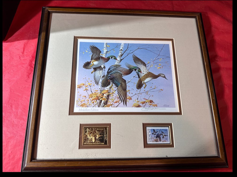 1986 Vermont Duck Stamp, Medallion Edition. “Wood Ducks In Autumn Foliage”