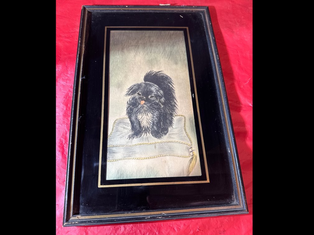 Etching Of A Japenese Chin Or Pekingese Dog On Pillow