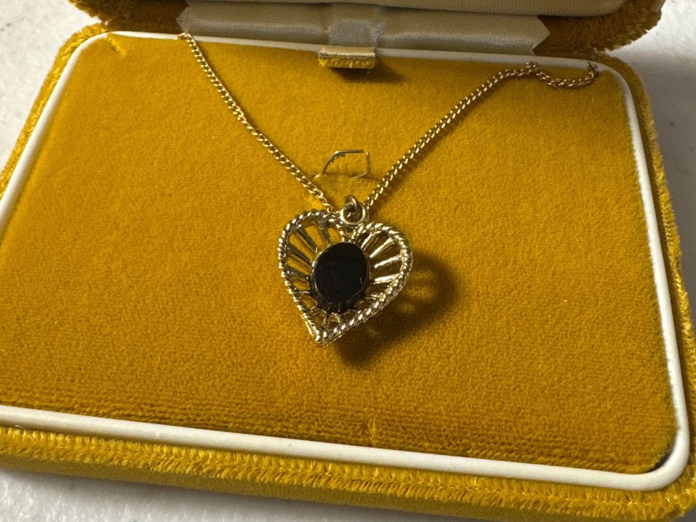 Gold Tone Pendant Necklace W/ Black Stone  Onyx Gemstone