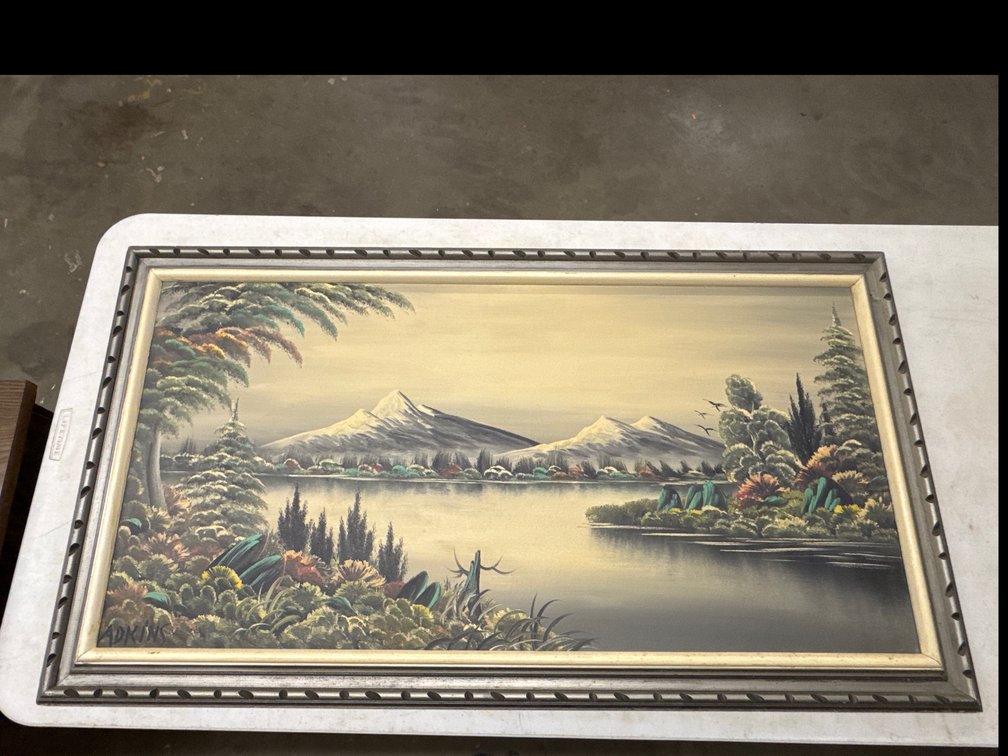 Oil Painting Depicting Mountains and Lake Picture